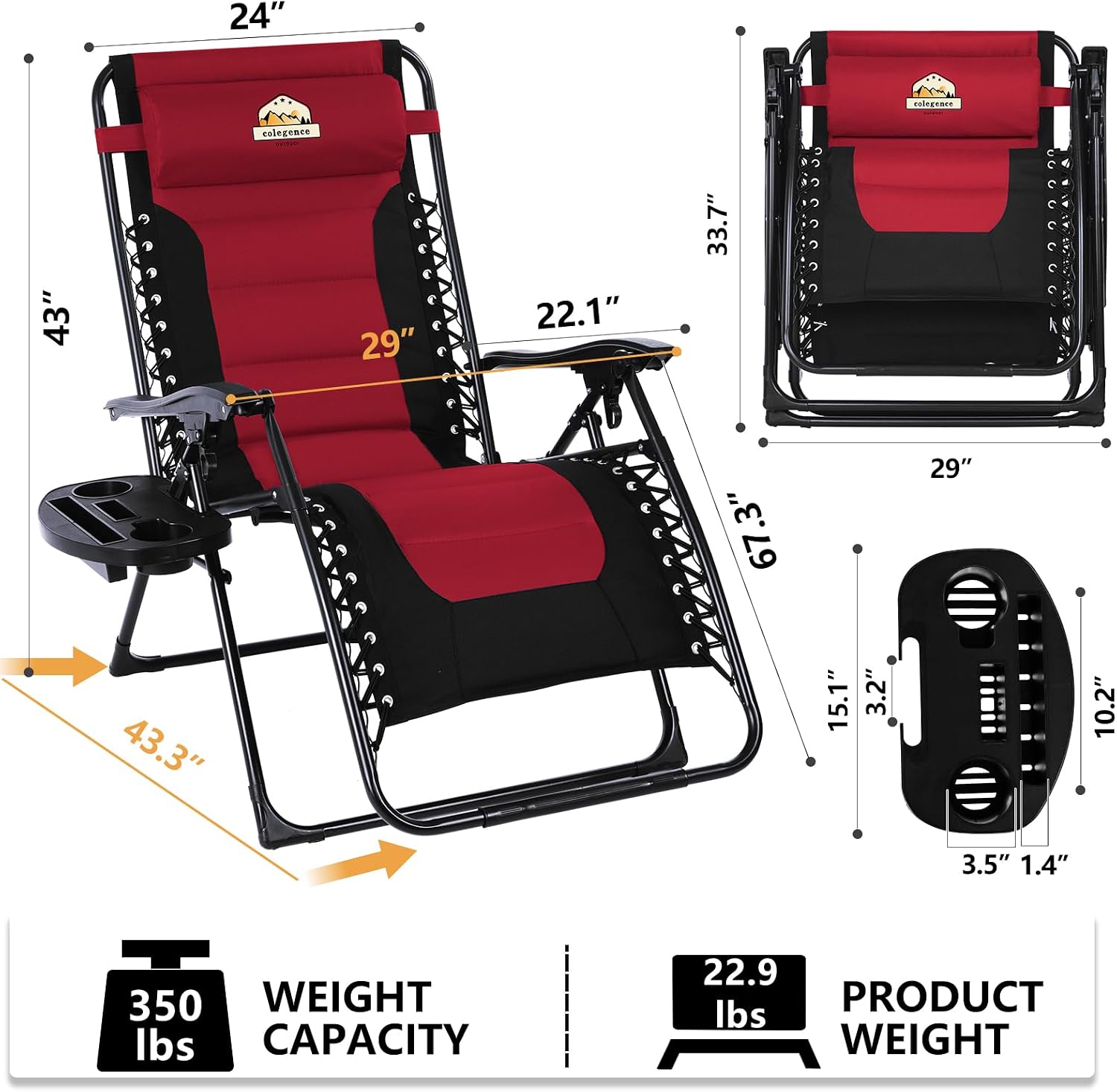 Thumbnail 2 de Colegence CGUS24B31AB30-2p Zero Gravity Chairs, 29-Inch Wide, Set of 2