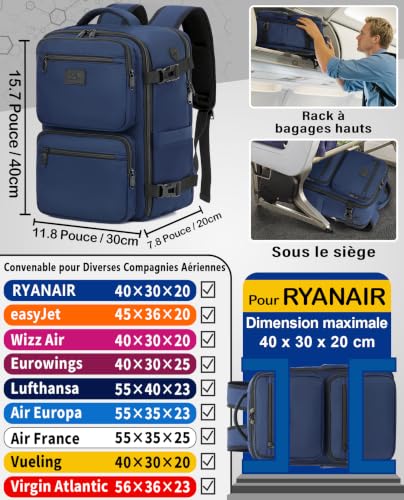 Detalle de LYNXCHER Sac à dos cabine avion 40x30x20, bleu foncé – anti-vol, 15,6 pouces, pour voyage et travail