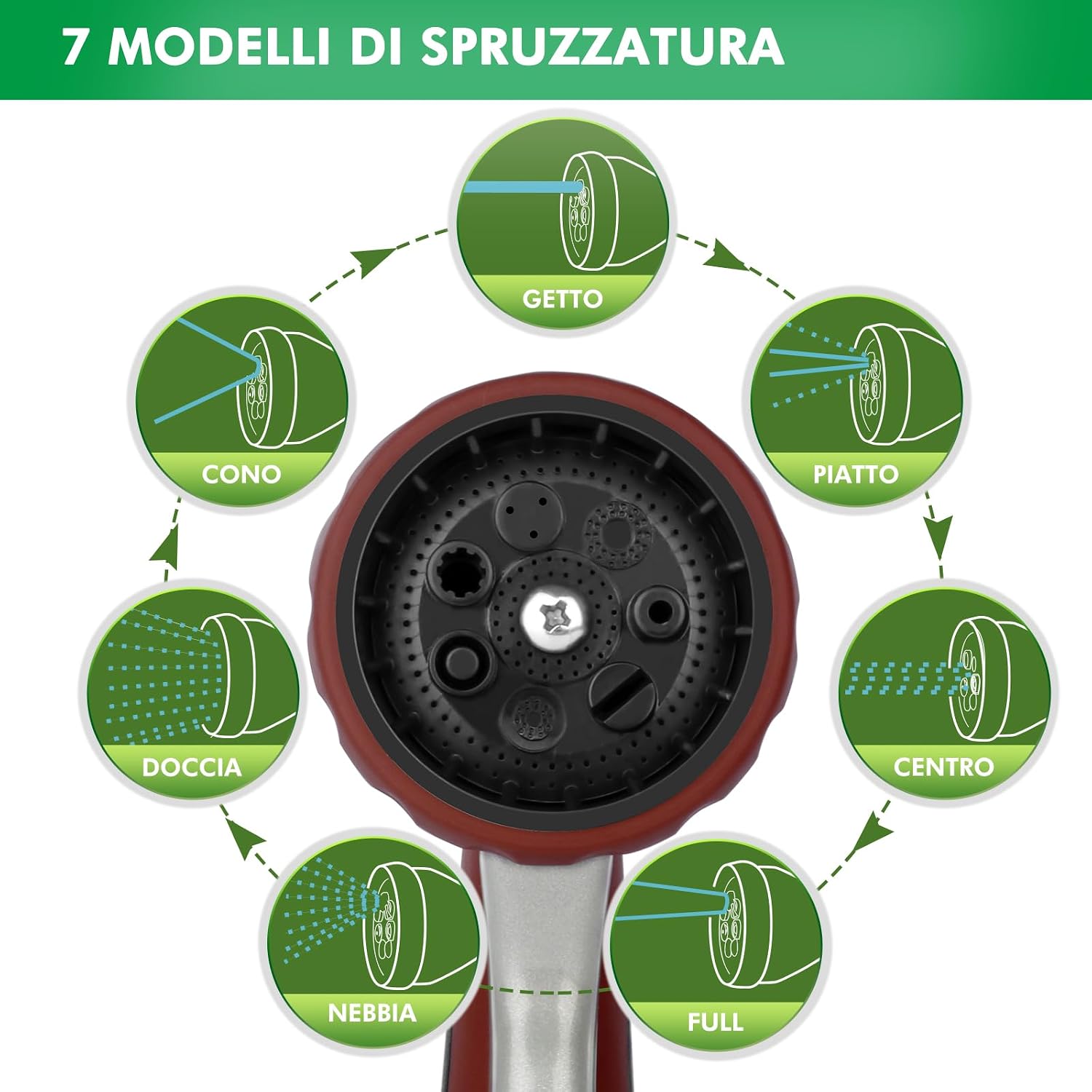 Detalle de RESTMO Doccia da giardino in metallo ad alta pressione, 7 funzioni, getto spray, regolazione flusso — marrone