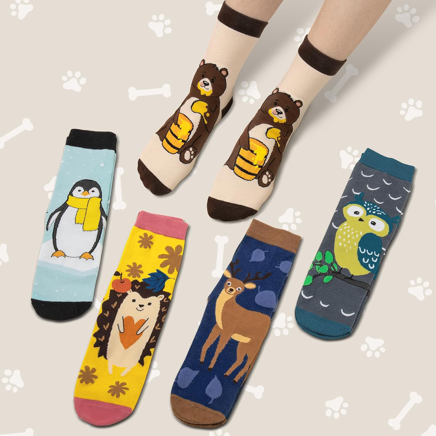 Detalle de Chalier Cozy 5 Paar Damen Socken mit Hunde- und Katzenmotiven – Baumwollkomfort, vielseitig einsetzbar