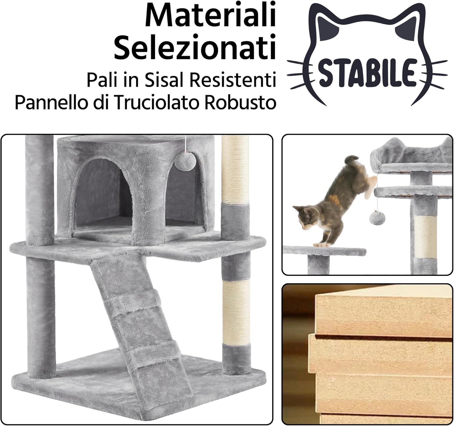 Thumbnail 4 de Yaheetech Albero tiragraffi per gatti da 178 cm con 3 tiragraffi, 3 posatoi e corda/sisal