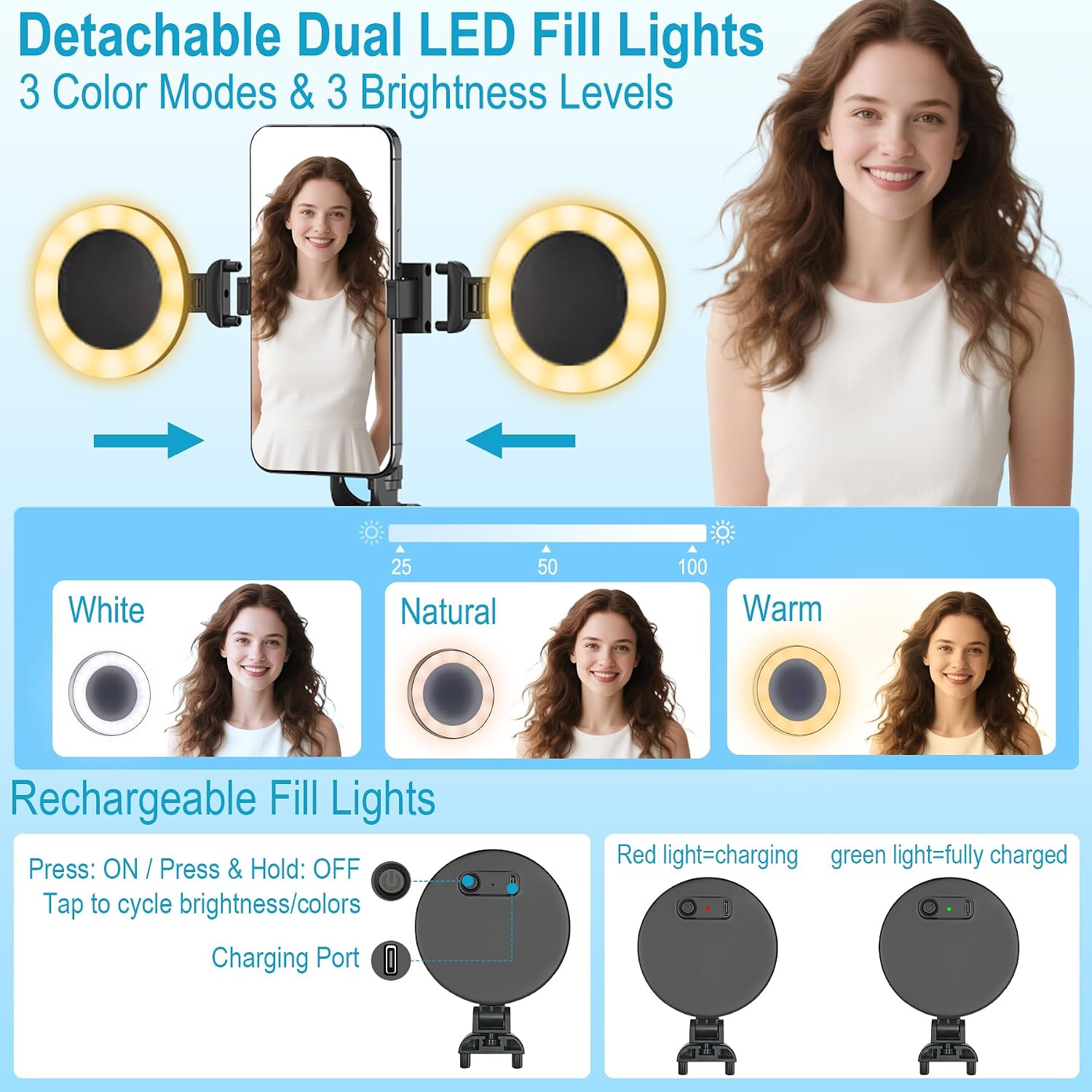 Detalle 1 de DMYWB ZH0003-A1 Vlogging Kit with 71-Inch Tracking Tripod, 2 Lights & 2 Mics
