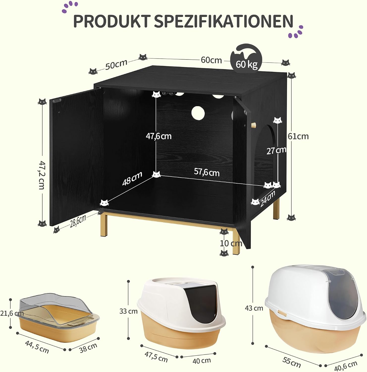 Detalle de Hzuaneri Katzenschrank CB81204G – Katzentoilette, Katzennest & Beistelltisch in Schwarz/Gold