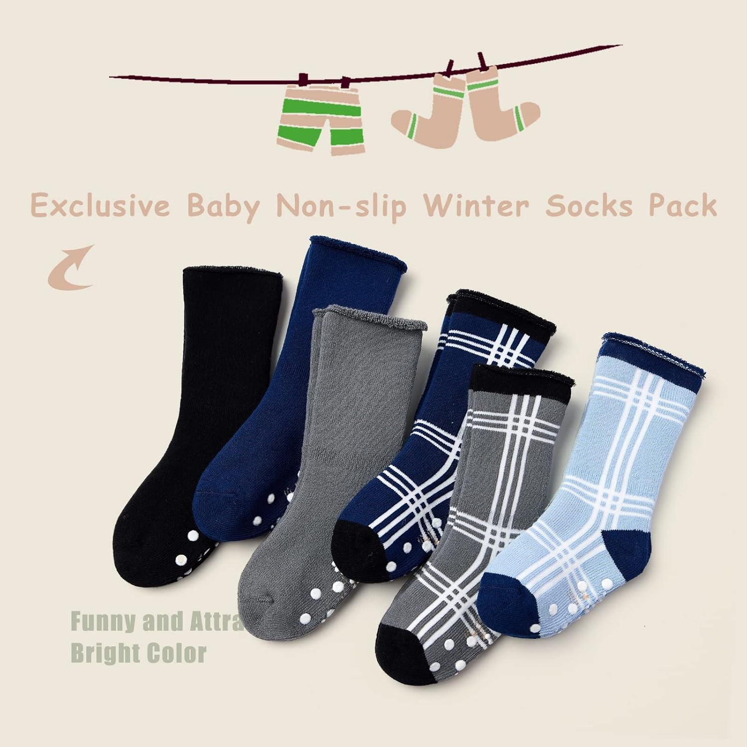 Thumbnail 1 de Aisyee Baby Non Slip Socks Thick Winter Warm Socks Multipack (6 Pairs)