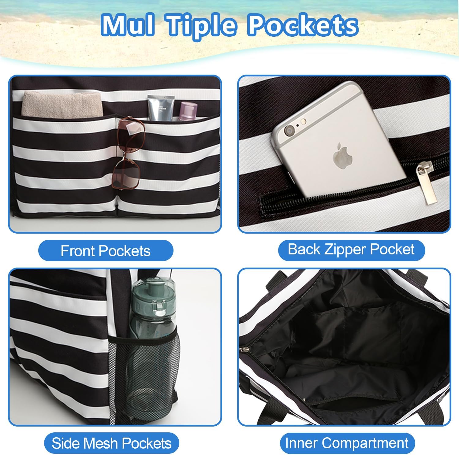 Detalle de TAHAVICE Strandtasche Damen XXL (43 x 38 x 15 cm, 45 L) mit Reißverschluss – wasserdicht & sandfest für Familie, Pool und Reise