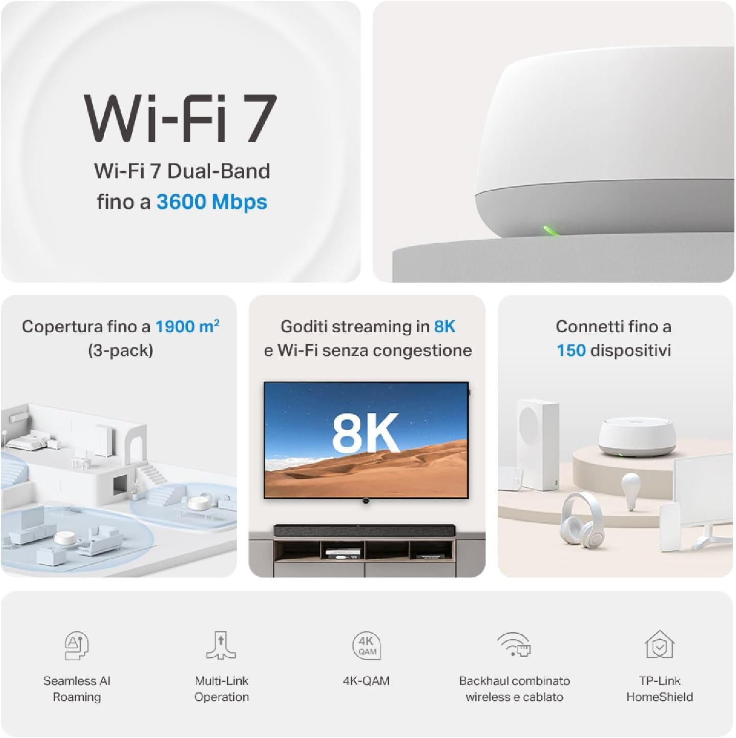 Detalle de TP-Link Deco BE3600 Mesh WiFi 3 pezzi, Wi‑Fi 7 3600 Mbps