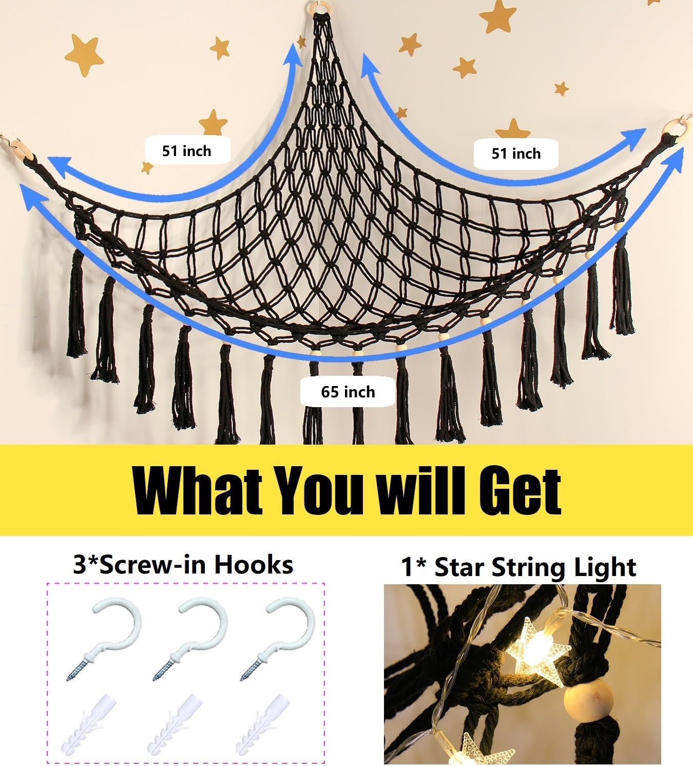 Detalle de Stuffed Animal Toy Storage Hammock with LED Light – Macrame Jumbo Corner Organizer