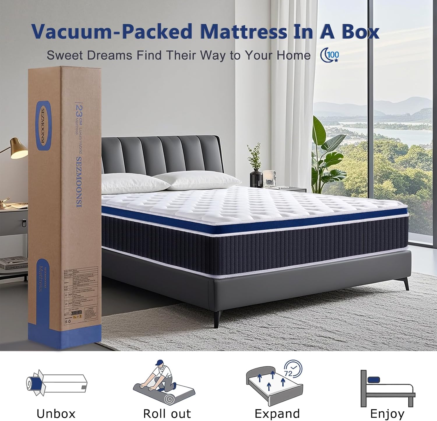 Thumbnail 6 de SEZMOONSI King Size Hybrid Mattress with Gel Memory Foam, 150x200x23cm