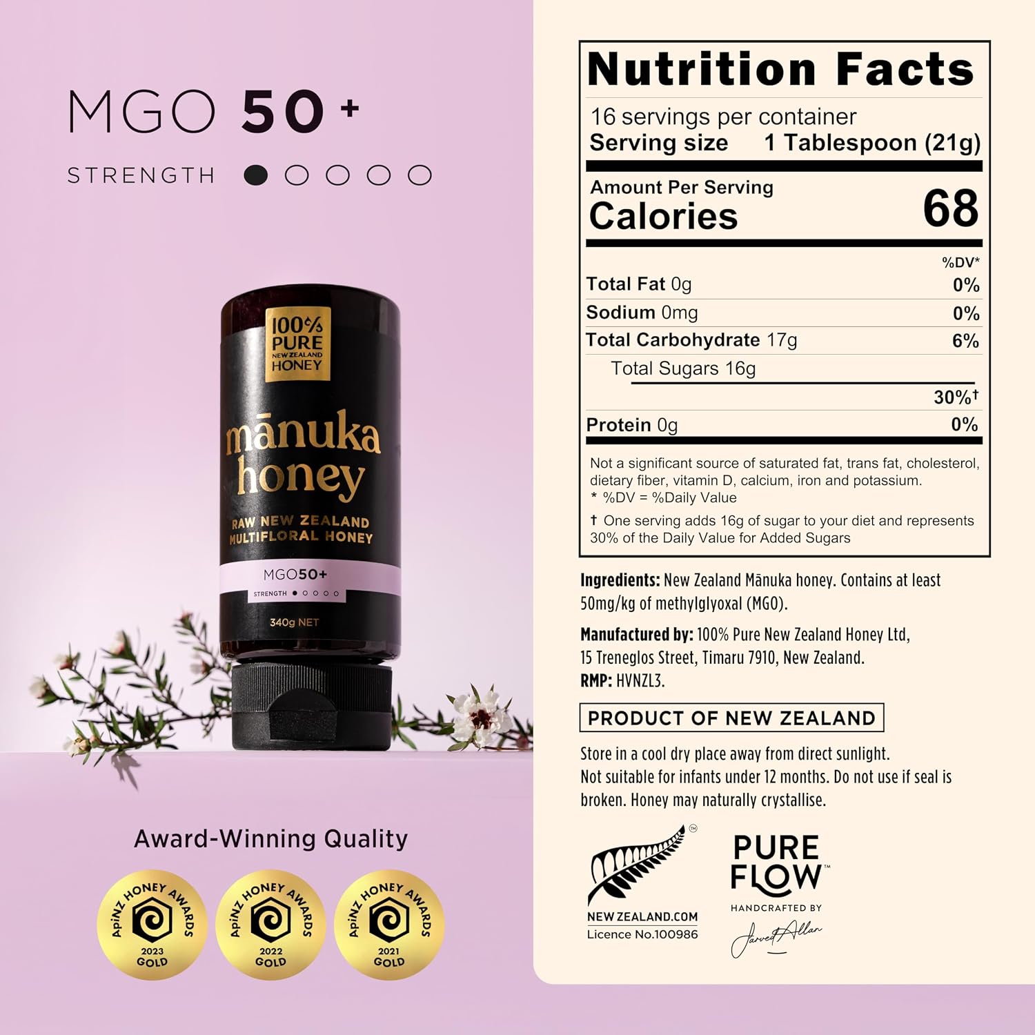 Detalle 2 de 100% Pure New Zealand Honey MGO 50+ Multifloral Manuka Honey, 12 oz Squeeze