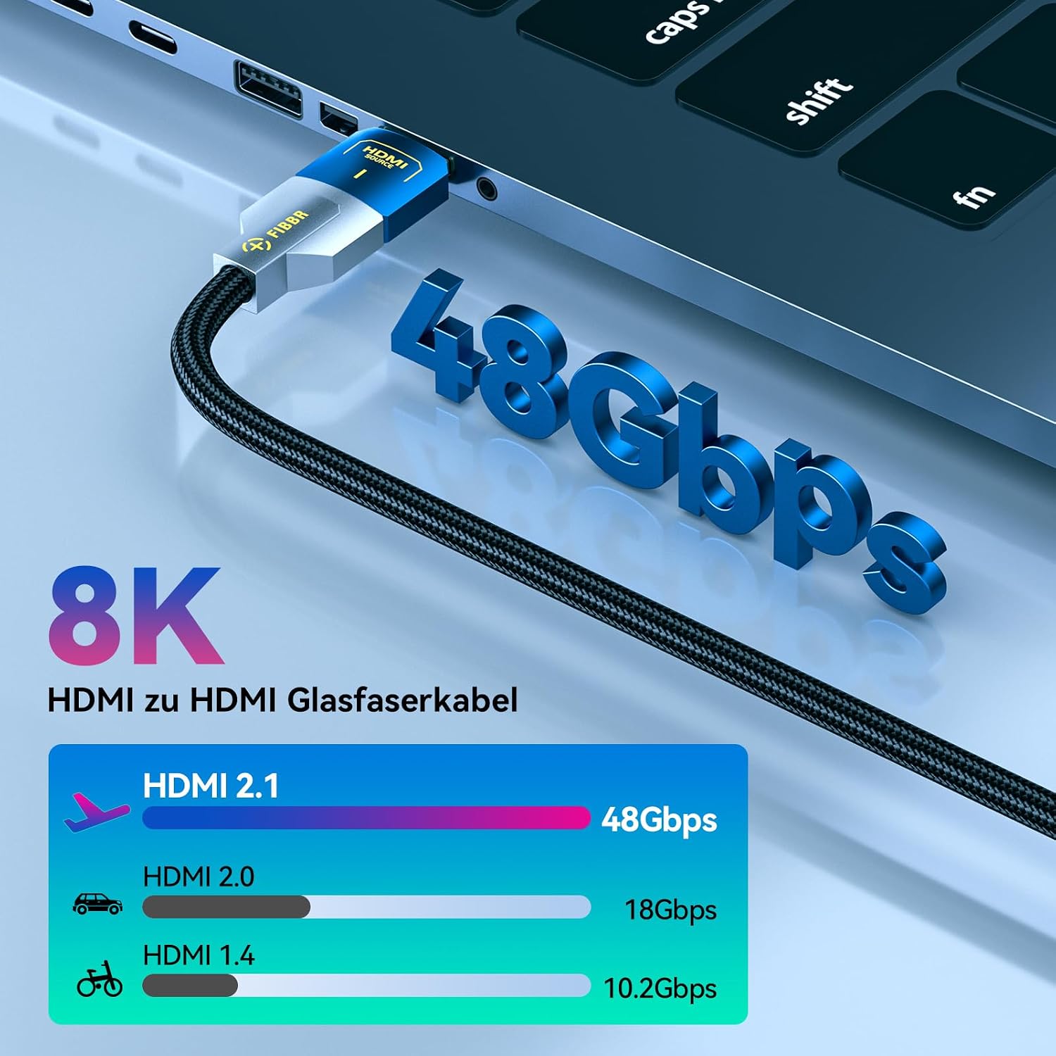 Detalle de FIBBR HDMI 2.1 Glasfaserkabel 5M – 8K/4K High-Speed, echte Glasfaser mit 48 Gbit/s