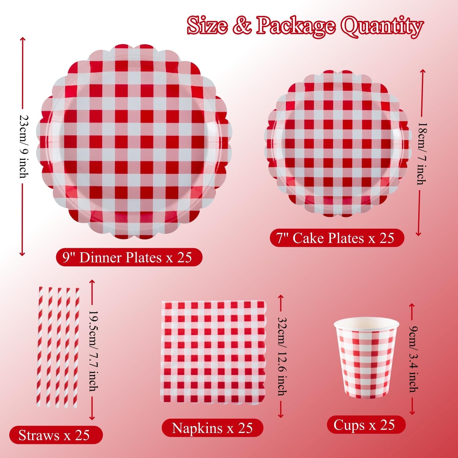 Thumbnail 4 de PHUNAT 25-Guests Party Plates Cups and Napkins Set with Red Gingham Edge