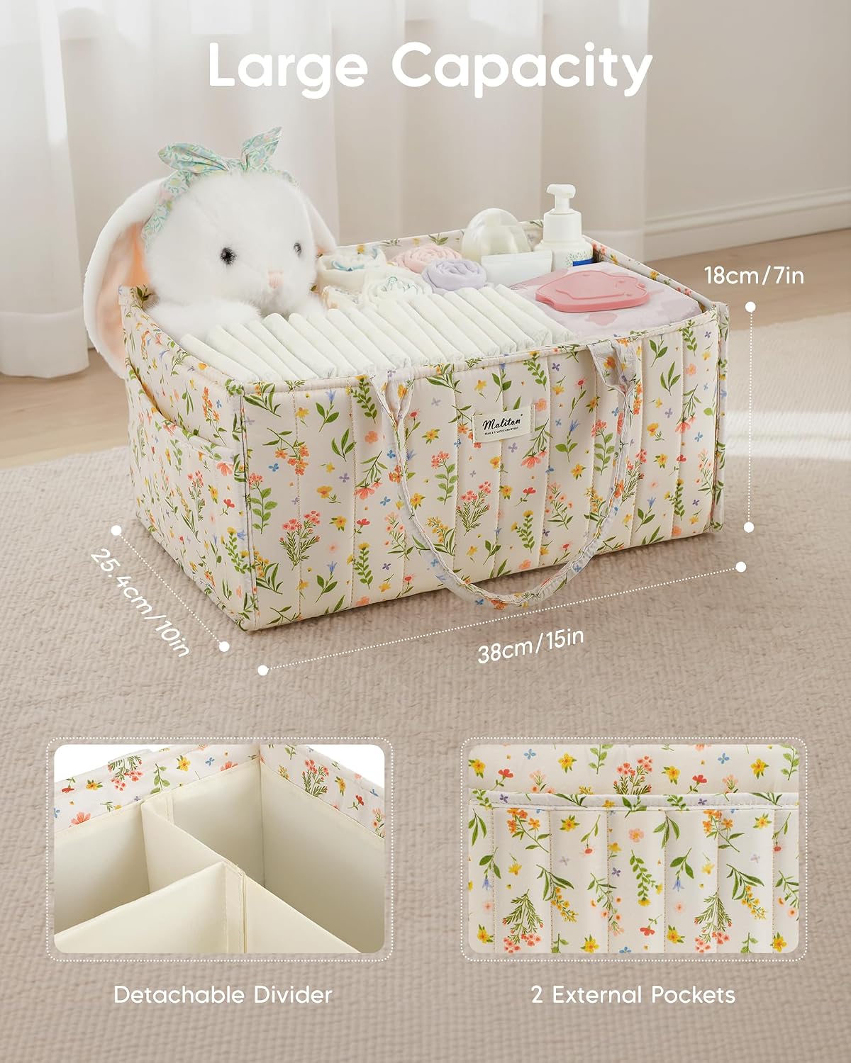 Thumbnail 1 de Maliton Nappy Caddy Organiser: Floral Baby Changing Station with Removable Dividers