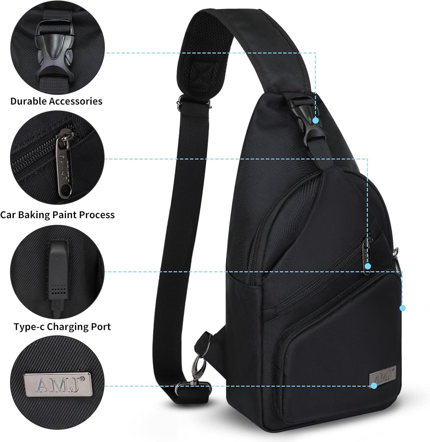 Thumbnail 2 de AMJ Crossbody Sling Bag for Men and Women — Nylon, 5 Pockets, USB-C Charging, Reversible Strap