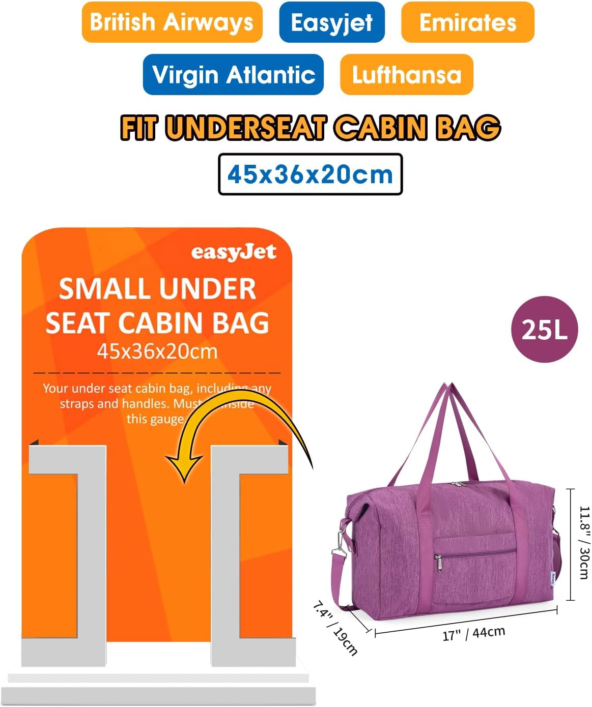 Detalle 2 de Narwey for Easyjet Cabin 45x36x20 Underseat Foldable Travel Duffel (25L) in Dark Purple