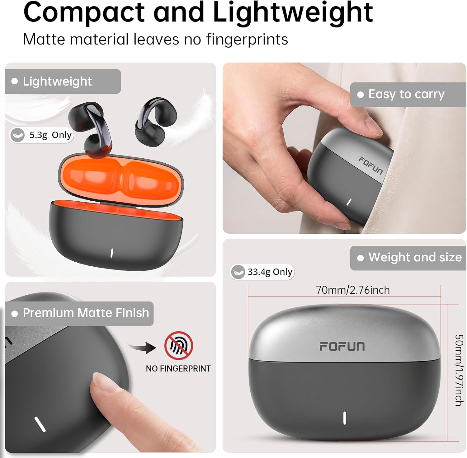 Thumbnail 4 de FOFUN Open Ear Clip On Kopfhörer Bluetooth 6.0 – Offenes Ohr, sporttauglich, ENC-Mikrofon, 32 Std. Gesamtlaufzeit