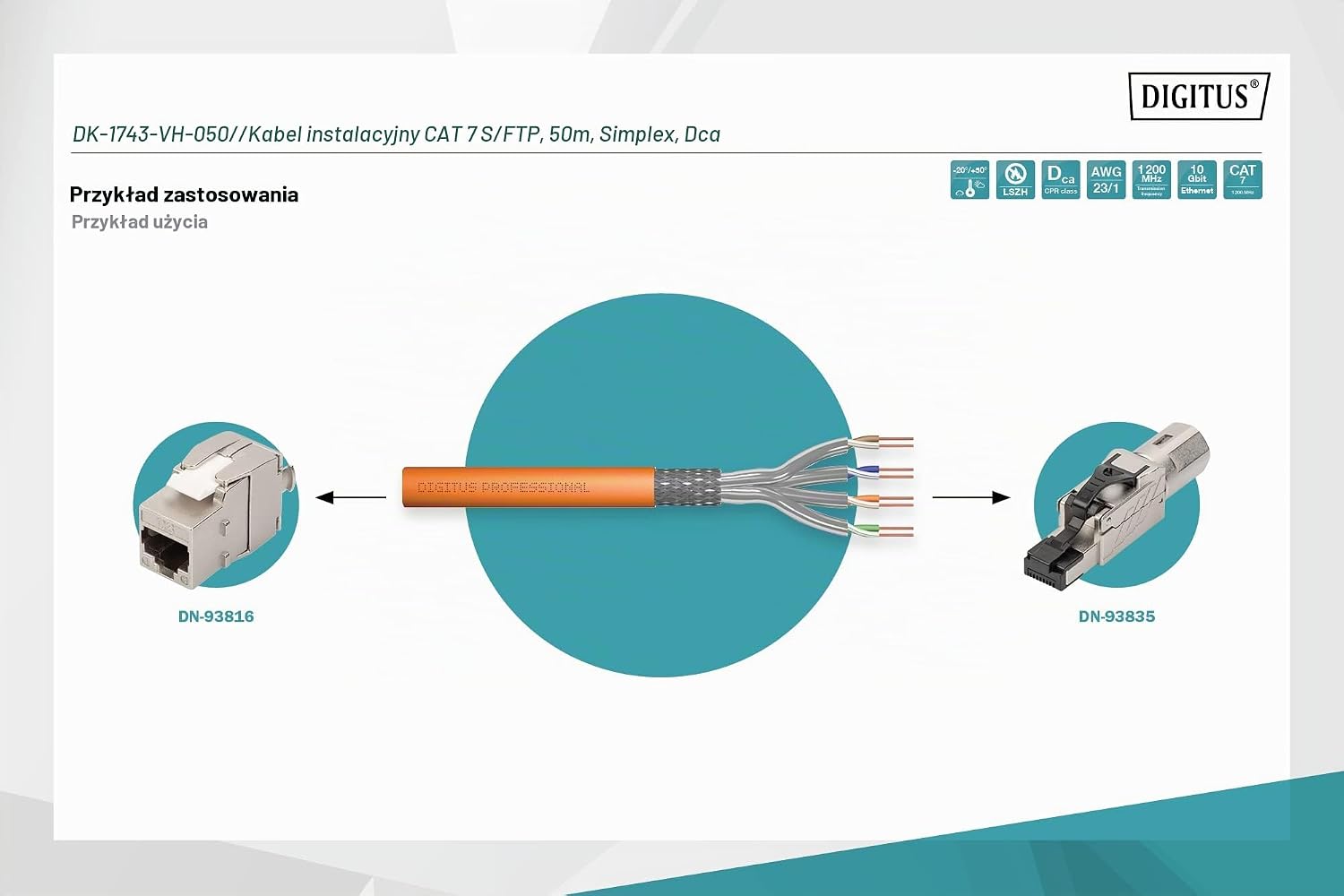 Detalle de DIGITUS Cat 7, kabel instalacyjny LAN 50 m S/FTP, LSZH, PoE+, 10 Gbit/s