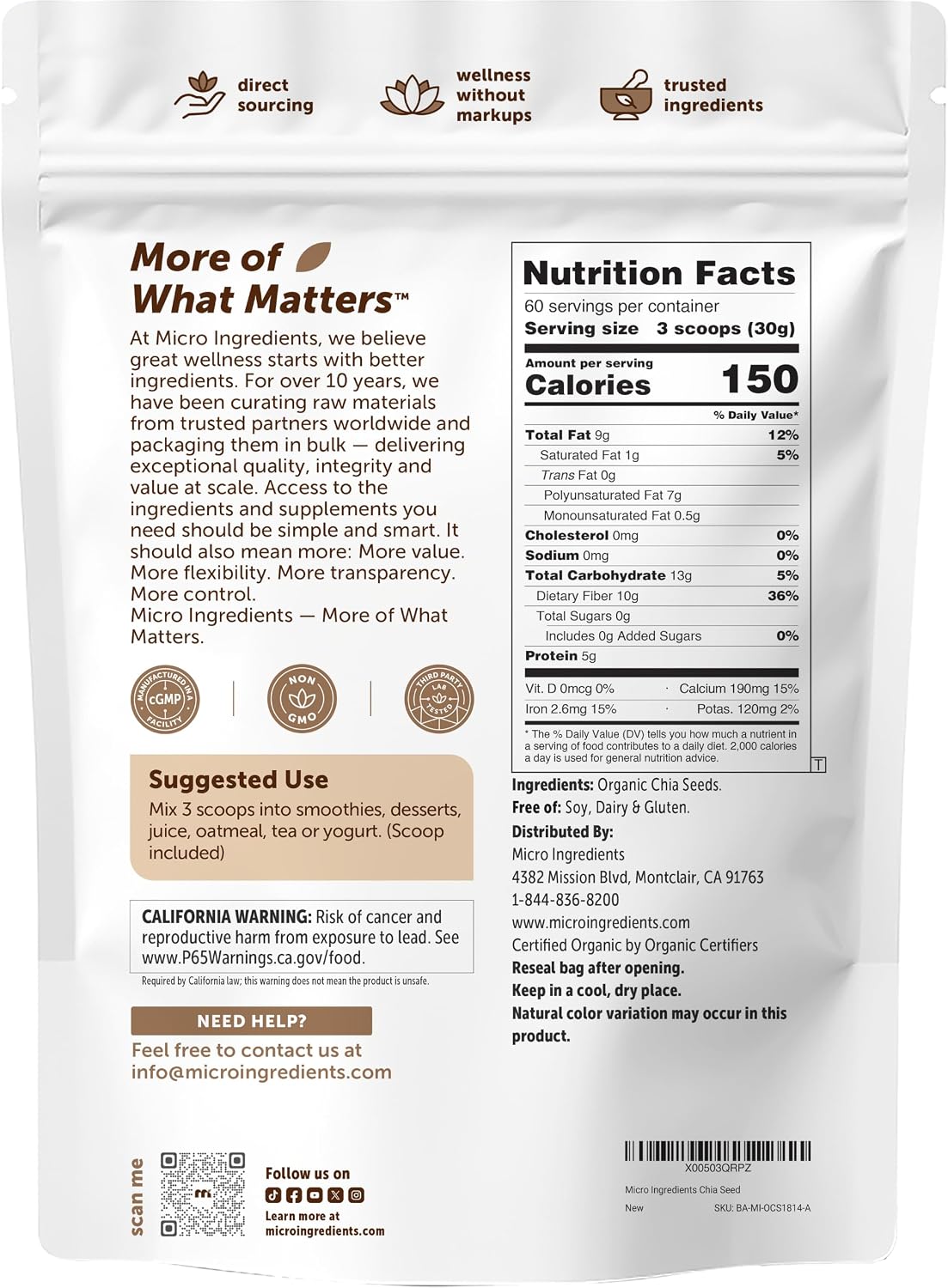 Detalle de Micro Ingredients Organic Chia Seeds, 4-Pound Whole Black Seeds