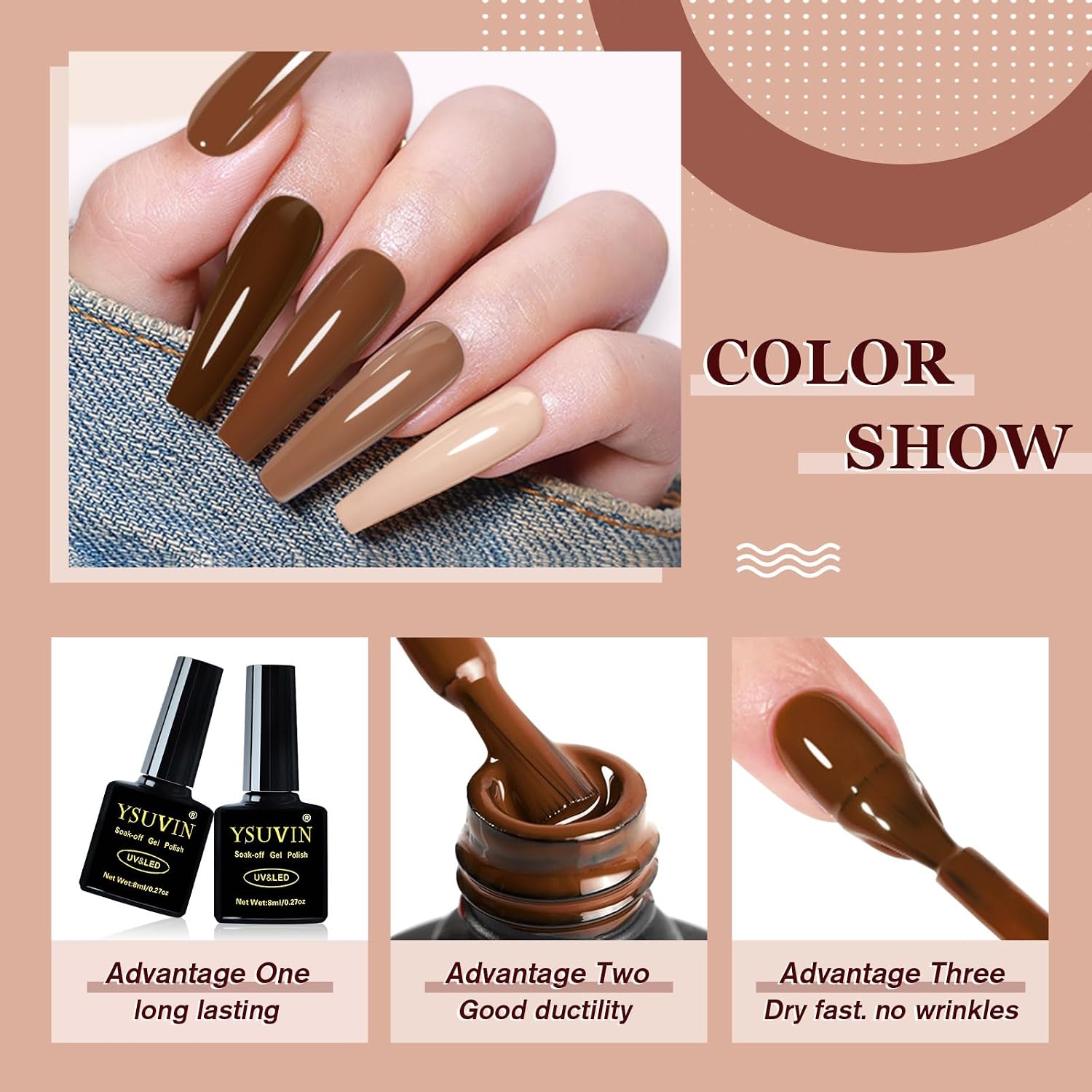 Detalle de YSUVIN UV-Nagellack Set mit 6 Farben (Nude, Braun, Khaki, Kaffee, Glitzer, Gold) – Soak-off UV-Gel für DIY & Salon