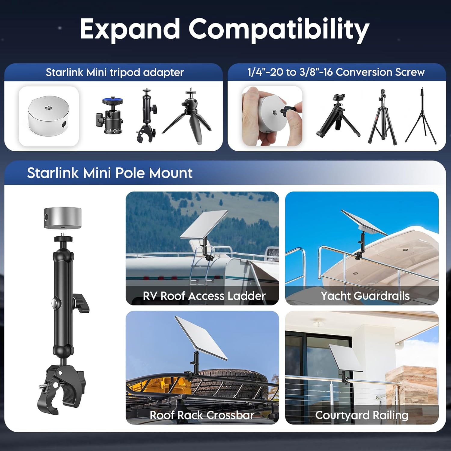 Detalle de XLTTYWL 2025 Starlink Mini Pole Mount Kit – aluminium tripod adapter with 1/4"-20 & 3/8"-16 thread