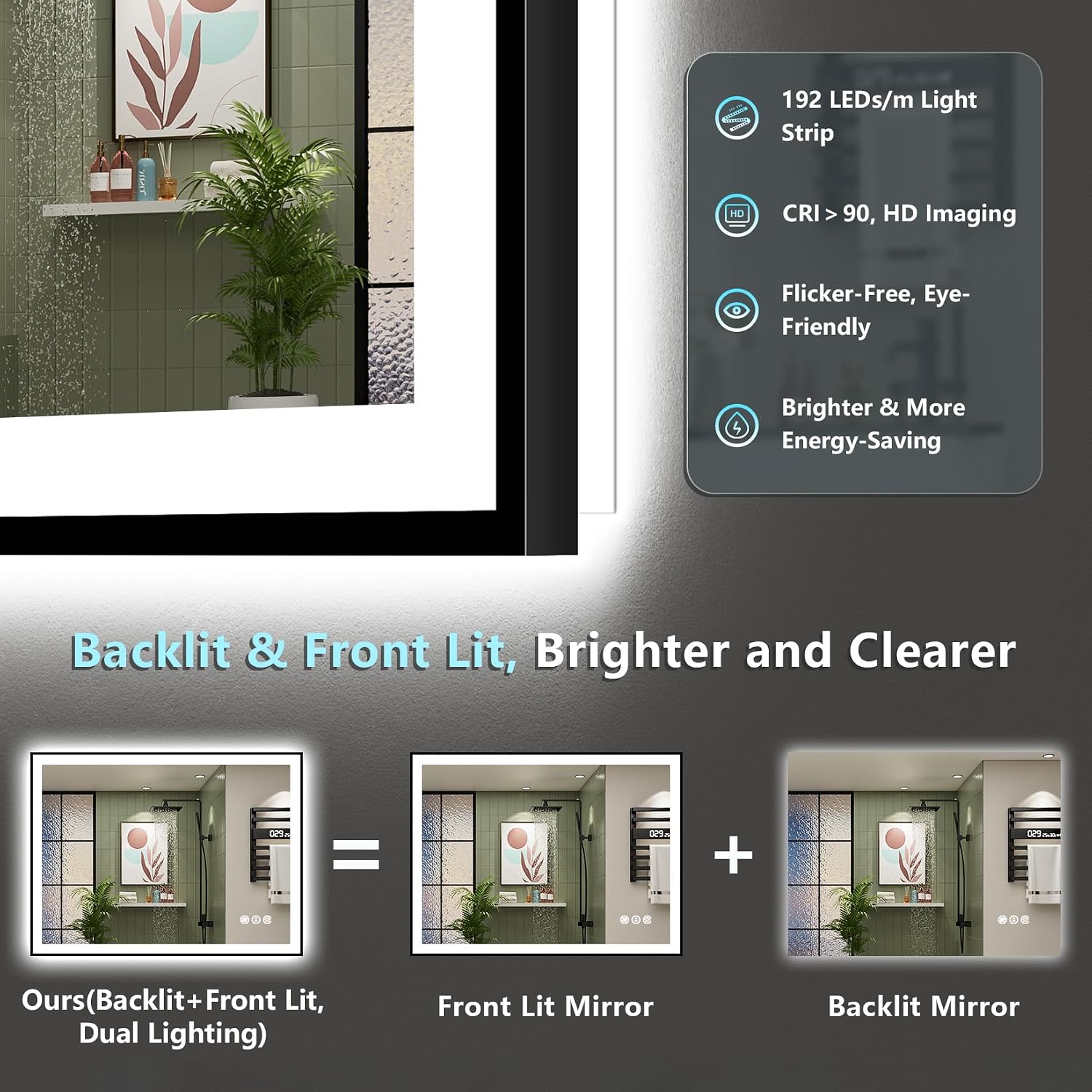 Detalle 2 de AWANDEE 40x36 Black Framed LED Bathroom Mirror with Lights (Anti-Fog, Dimmable, Memory)