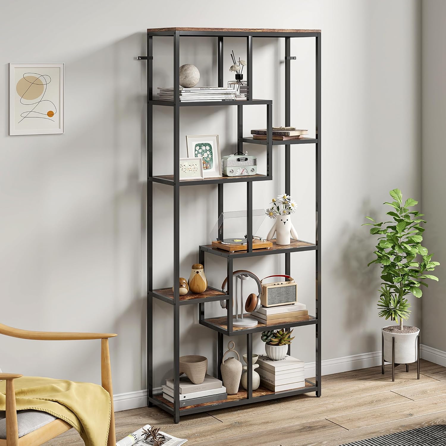 Thumbnail 6 de HOMCOM 836-639V00BT 7-Tier Geometric Bookcase, Rustic Brown and Black