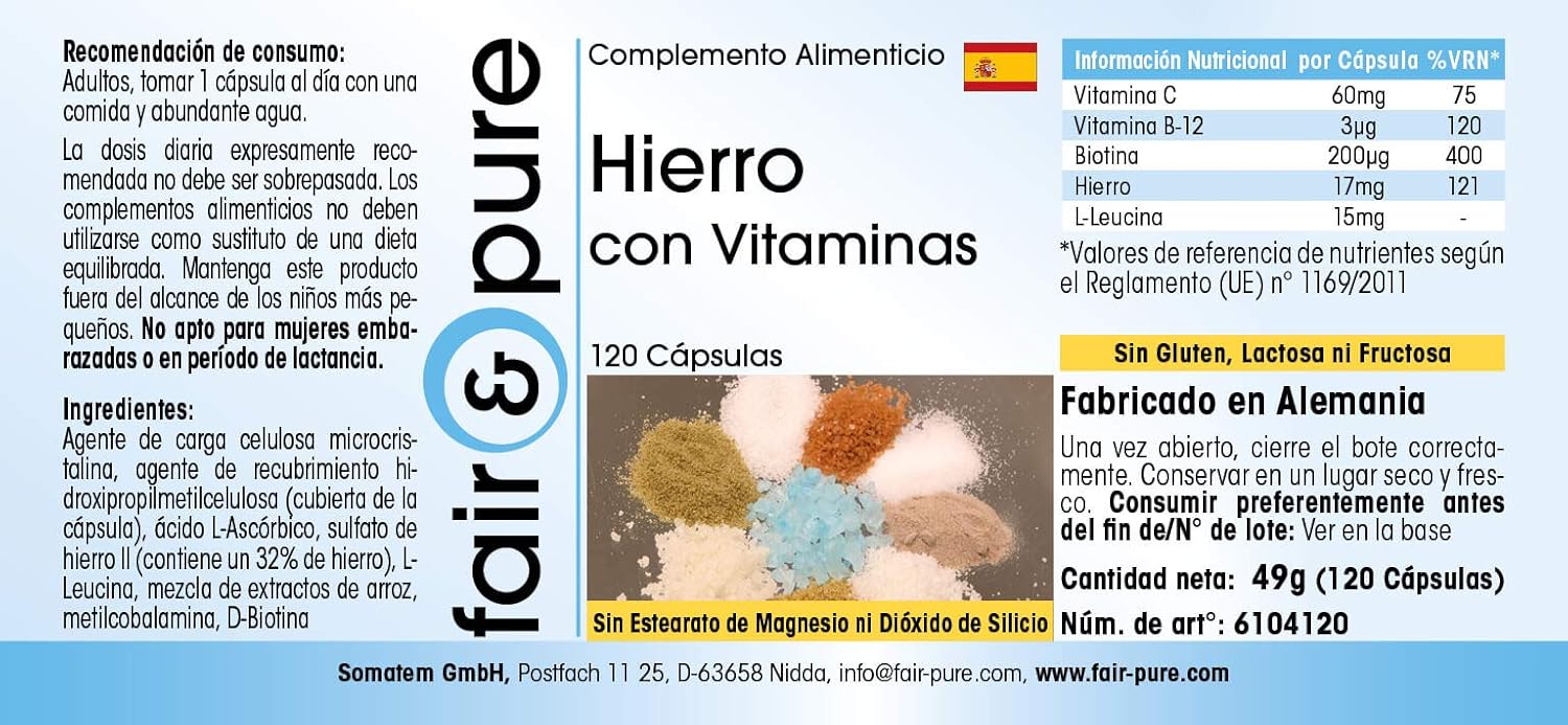 Detalle de Fair & Pure Eisen mit Vitaminen, 120 Kapseln – schluckfreundlich, vegan, hergestellt in Deutschland