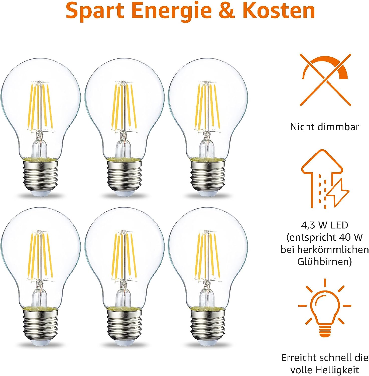 Detalle de Amazon Basics LED-Leuchtmittel E27, 4,3 W (entspricht 40-W Glühbirne), warmweiß, 6er-Pack, nicht dimmbar