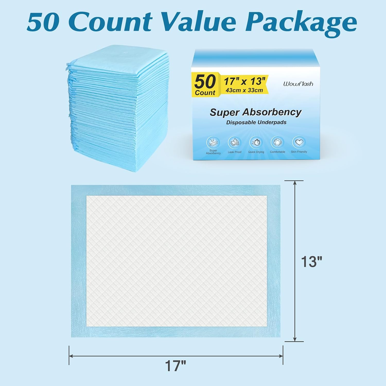 Detalle 2 de Wowflash 50 Count Super Absorbency Disposable Underpads, 17” x 13”