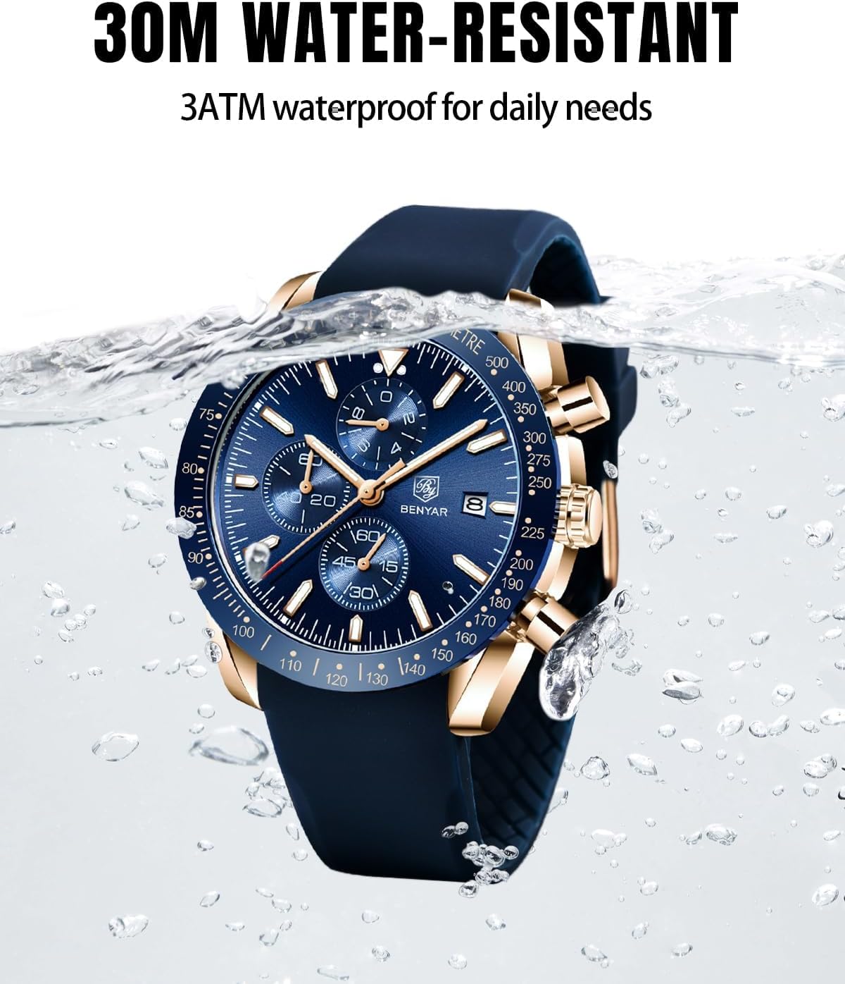 Detalle de BENYAR Herrenuhr Analog Quarz Chronograph – 45 mm, 3 Hilfszifferblätter, Datum, Silikonband, Wasserdicht bis 3 ATM