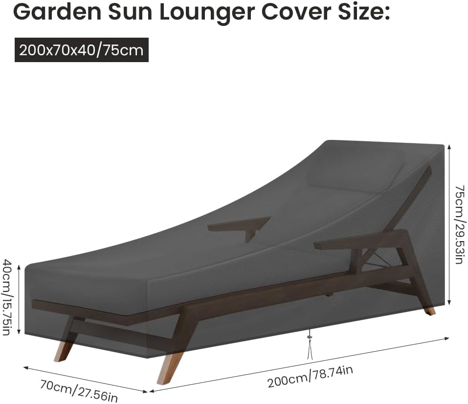 Detalle de AOOWU 5084704 beschermhoes voor tuinligstoel, waterdicht met trekkoord, 200 x 70 x 40/75 cm