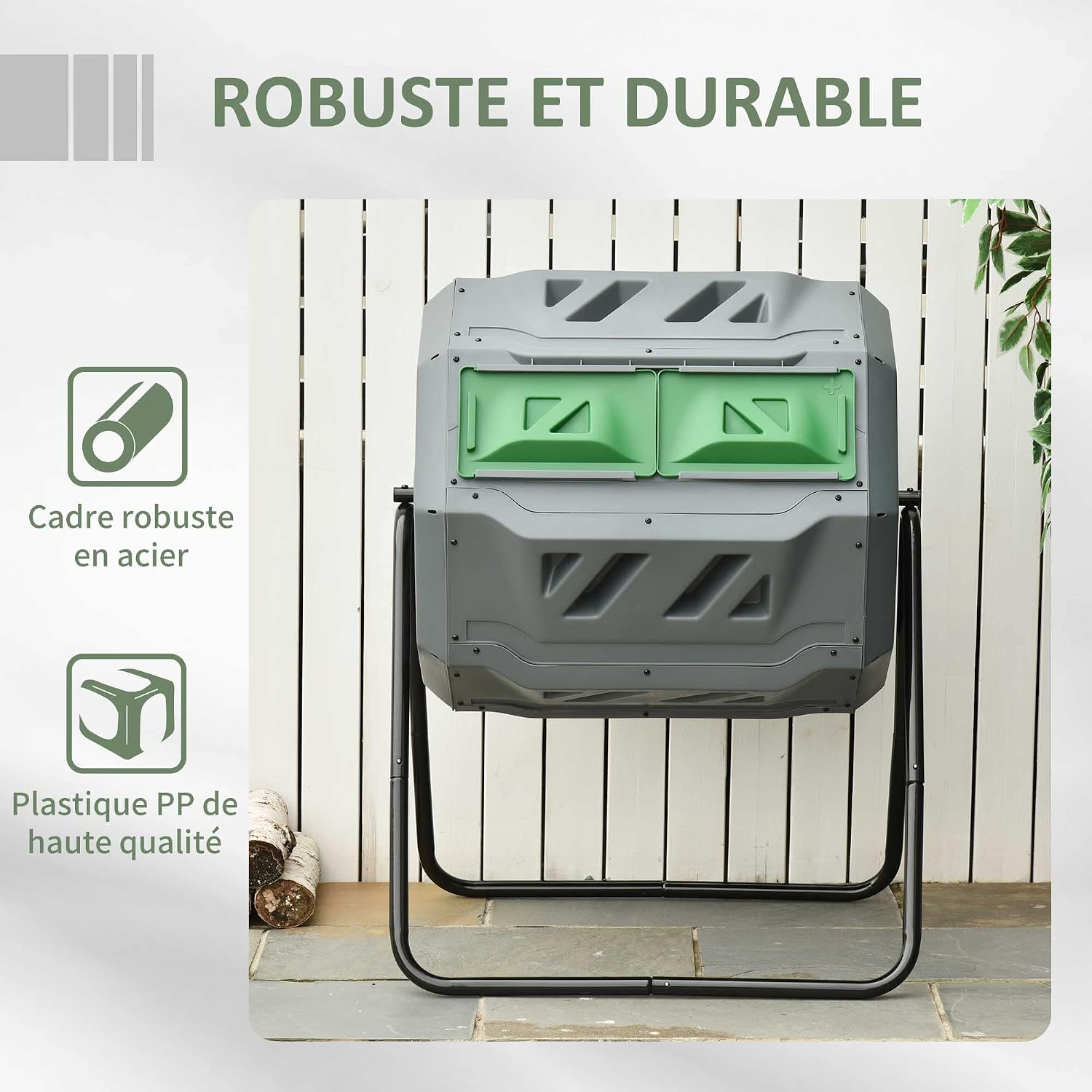 Detalle de Outsunny Composteur de Jardin – Bac à Compost 2 chambres 160 L, rotation 360°, gris