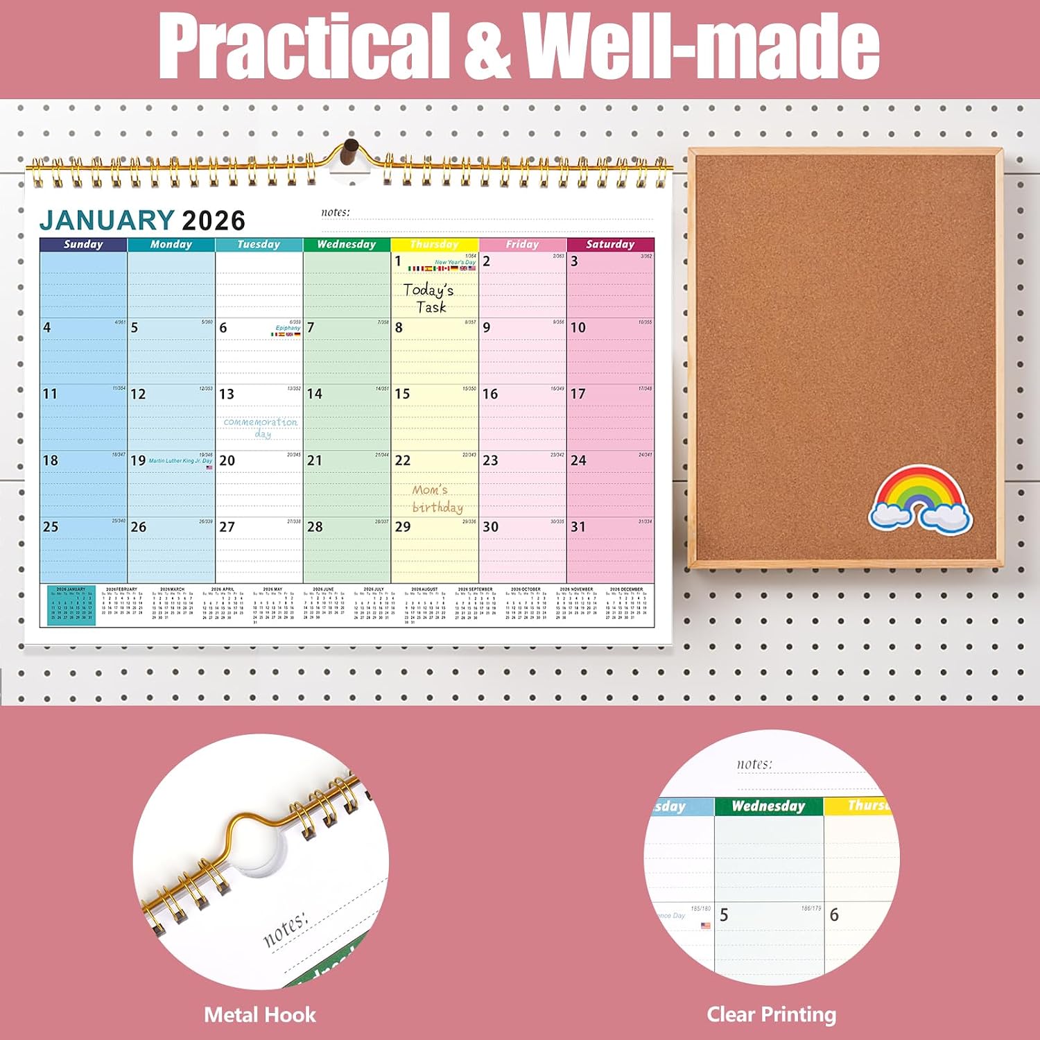 Detalle de 2026 UK Family Wall Calendar (18 Month) — Jan 2026 to Jun 2027, large writing blocks