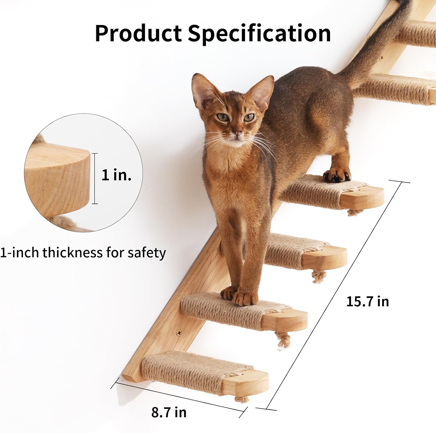Detalle 2 de FUKUMARU wall-mounted cat climbing shelf, four-step stairway with jute scratching (40 x 22 cm, left to right)