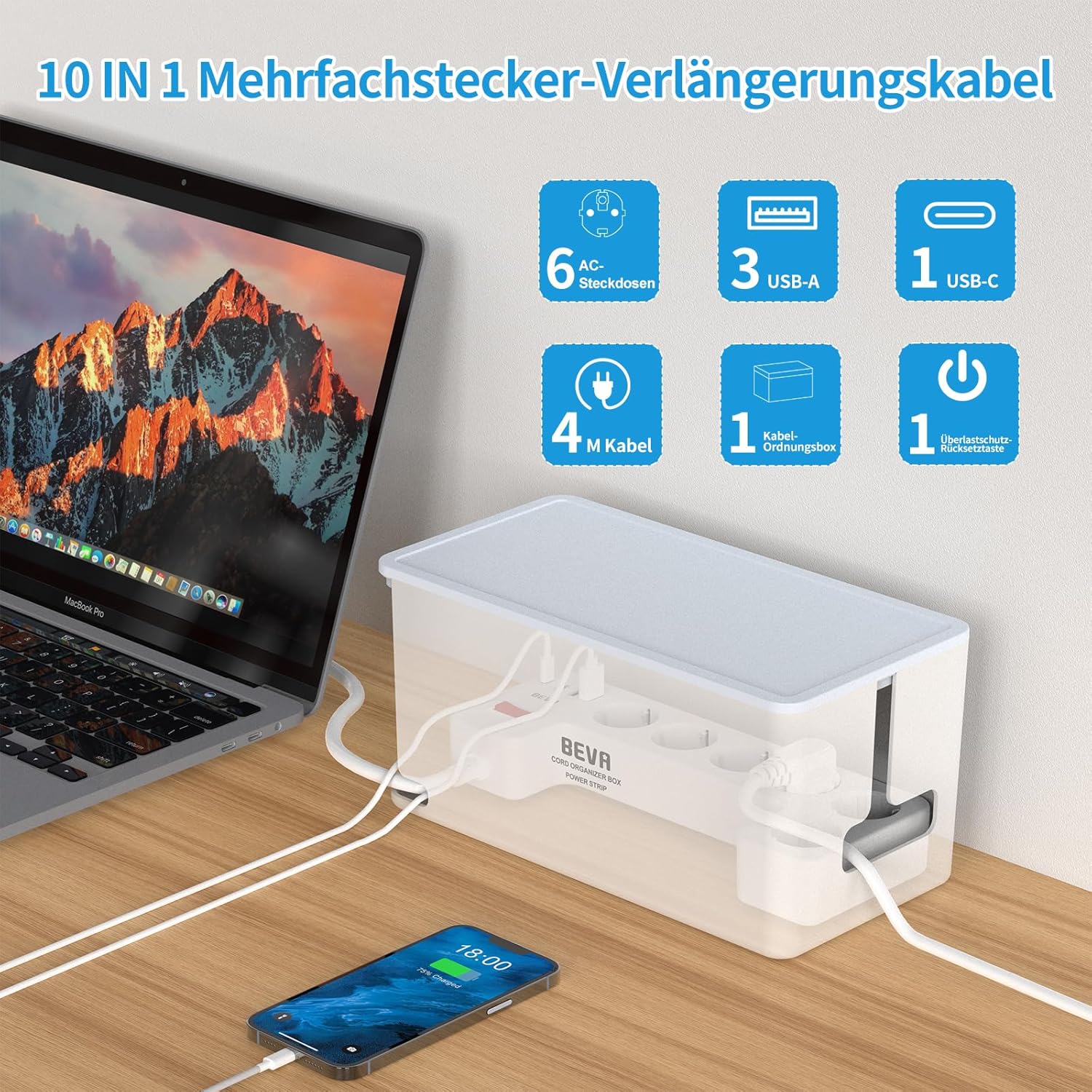 Detalle de Kabelbox mit versteckter Mehrfachsteckdosenleiste 3680W/16A • 4 m Kabel • 1050J Überspannungsschutz • 6 Steckdosen + 3 USB-A + 1 USB-C