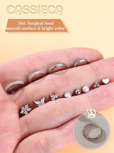 Thumbnail 6 de CASSIECA 12 Pairs Silver Earrings – Hypoallergenic Flat Back Studs & Hoops