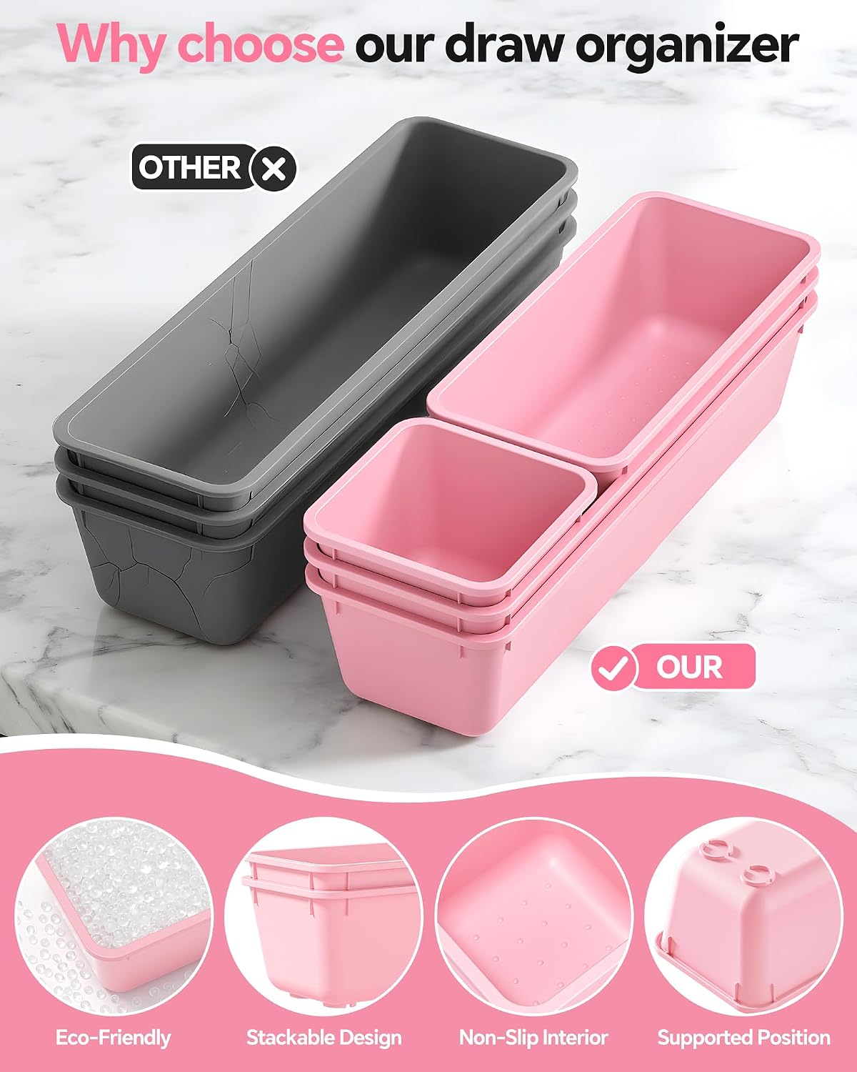 Detalle de Canfanni PINK 13-Piece Plastic Drawer Organizer Set, 3 Sizes, Pink