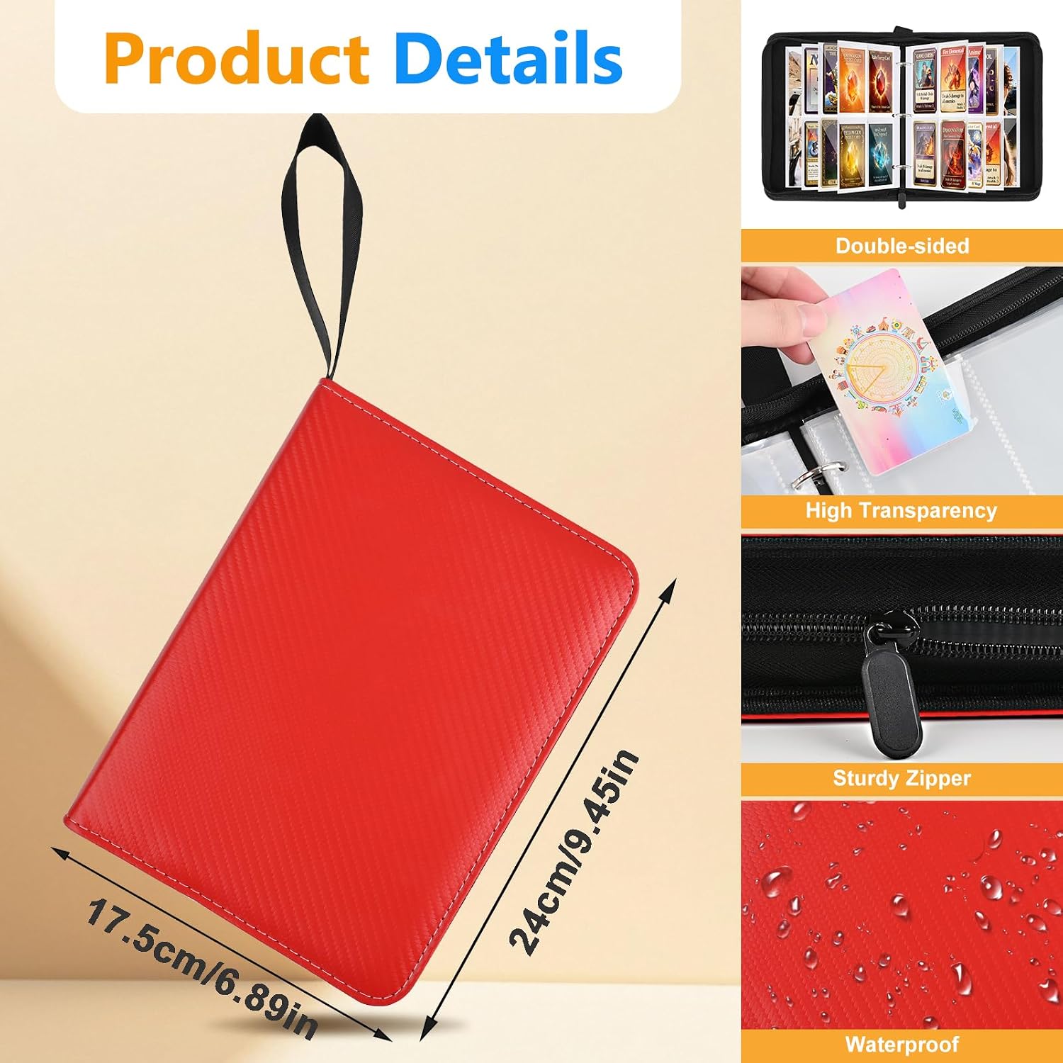 Thumbnail 4 de Trading Card Binder 400 Pockets - PU Leather Card Collection Folder with Zip and Wrist Strap