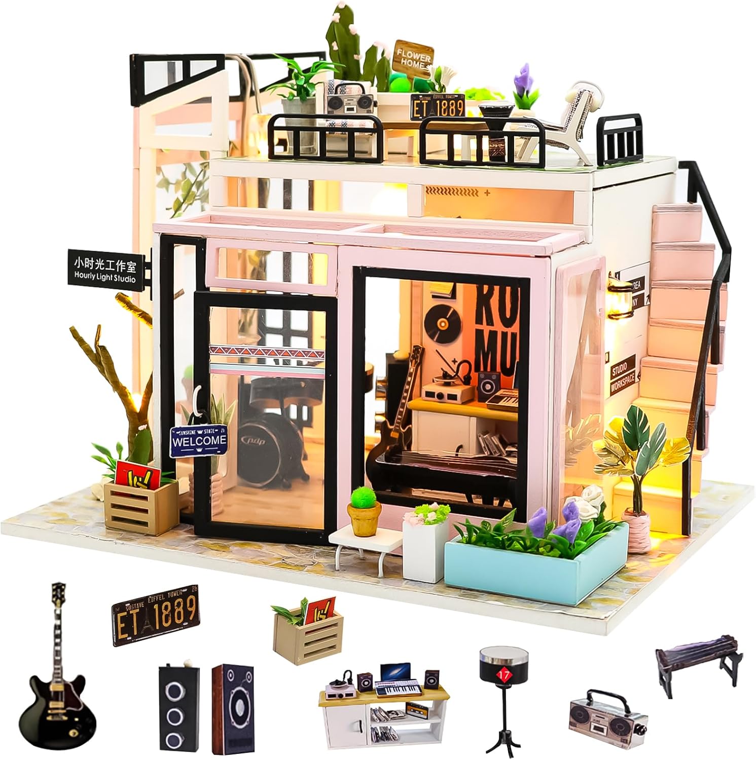 Spilay Miniatur Haus „Zeit-Studio“ DIY Miniature House mit LED-Licht (Bastelset im Maßstab 1:24)