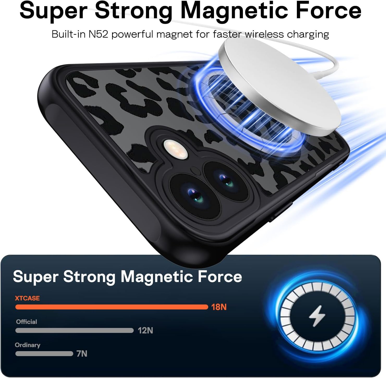 Thumbnail 1 de Coque magnétique XTCASE pour iPhone 16 compatible MagSafe – motif léopard noir, dos translucide mat