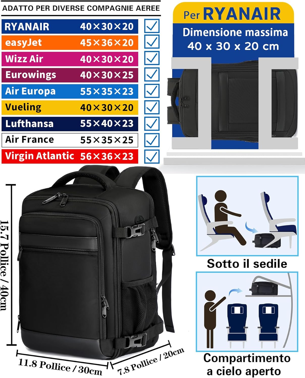 Thumbnail 1 de KLOSTAIN Zaino Ryanair 40x30x20 24L con porta computer fino a 15,6" Nero