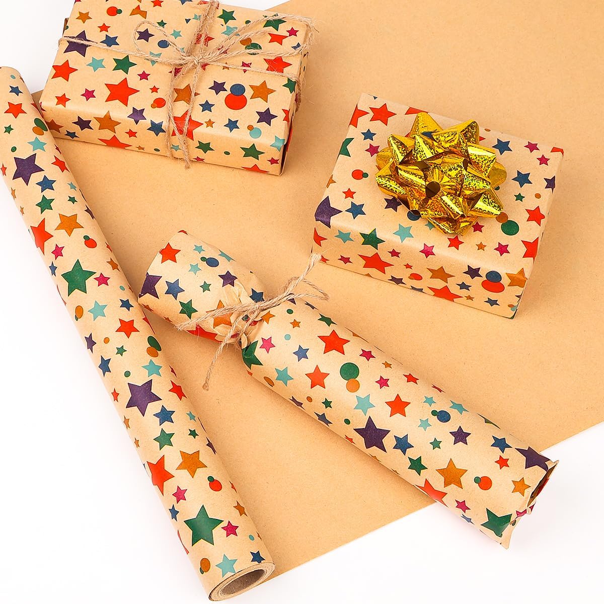 Detalle de HBell Stars Wrapping Paper Roll (43cm x 10m) – Colourful Star Kraft Gift Wrap
