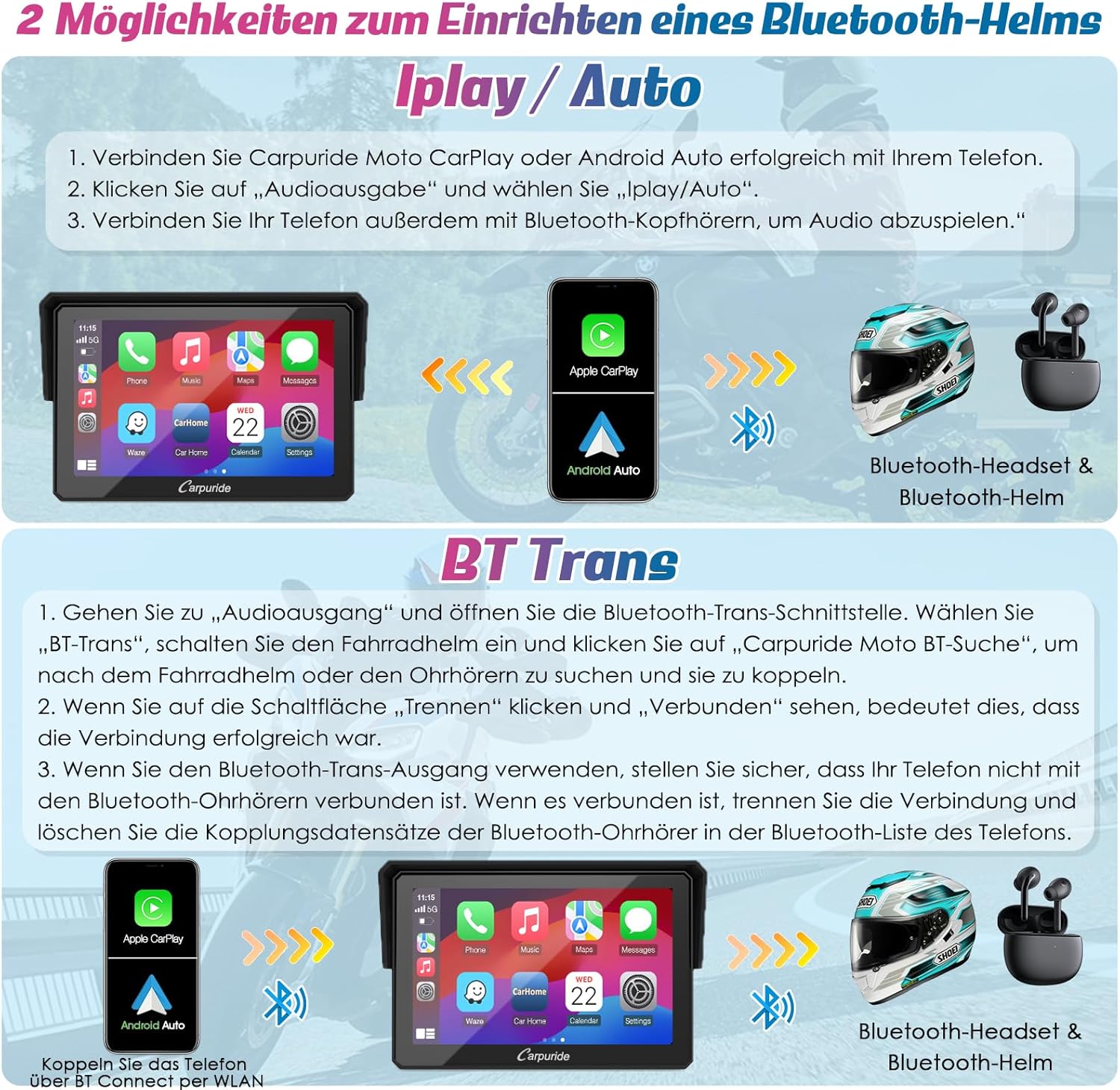 Detalle de Carpuride W502B Motorrad-Carplay-Bildschirm für BMW Motorräder – kabelloses CarPlay/Android Auto, 5 Zoll, IP67