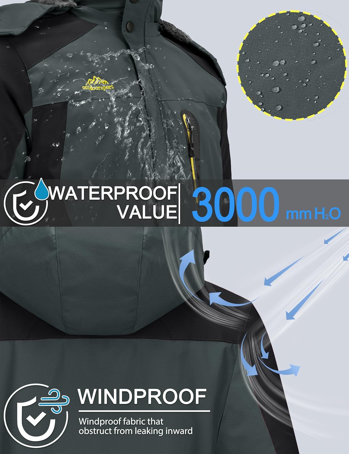 Detalle 2 de TACVASEN Men's Winter Ski Jacket Waterproof Hooded