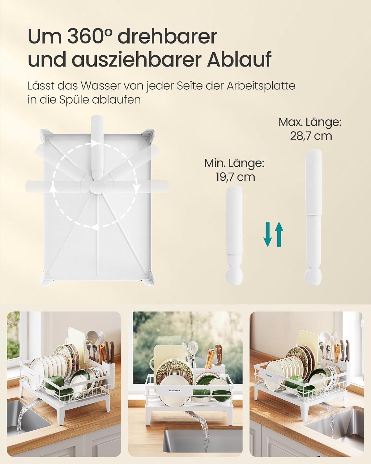 Detalle de SONGMICS Abtropfgestell Geschirr KCS550WG01 – kompakt, 360° Auslauf und Abtropfschale