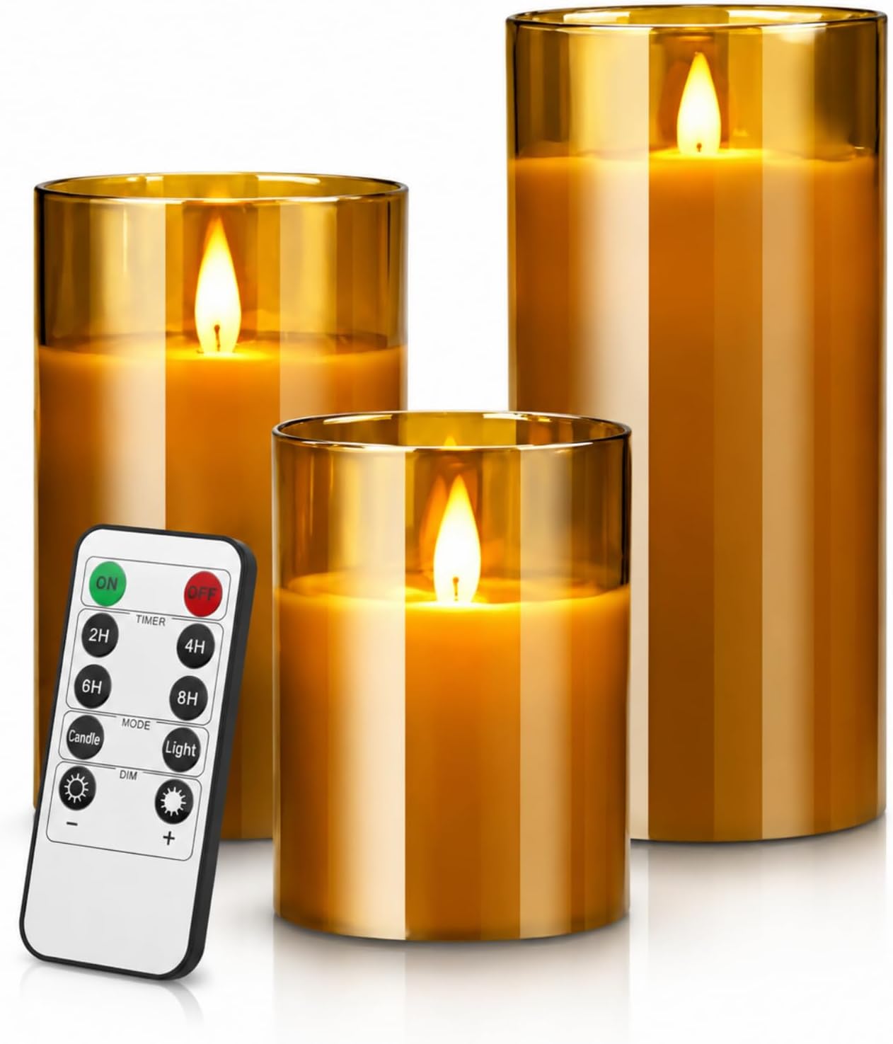 Detalle de YMing battery-operated flameless LED candles set (gold glass pillar) with remote timer – realistic flicker wick flame mode