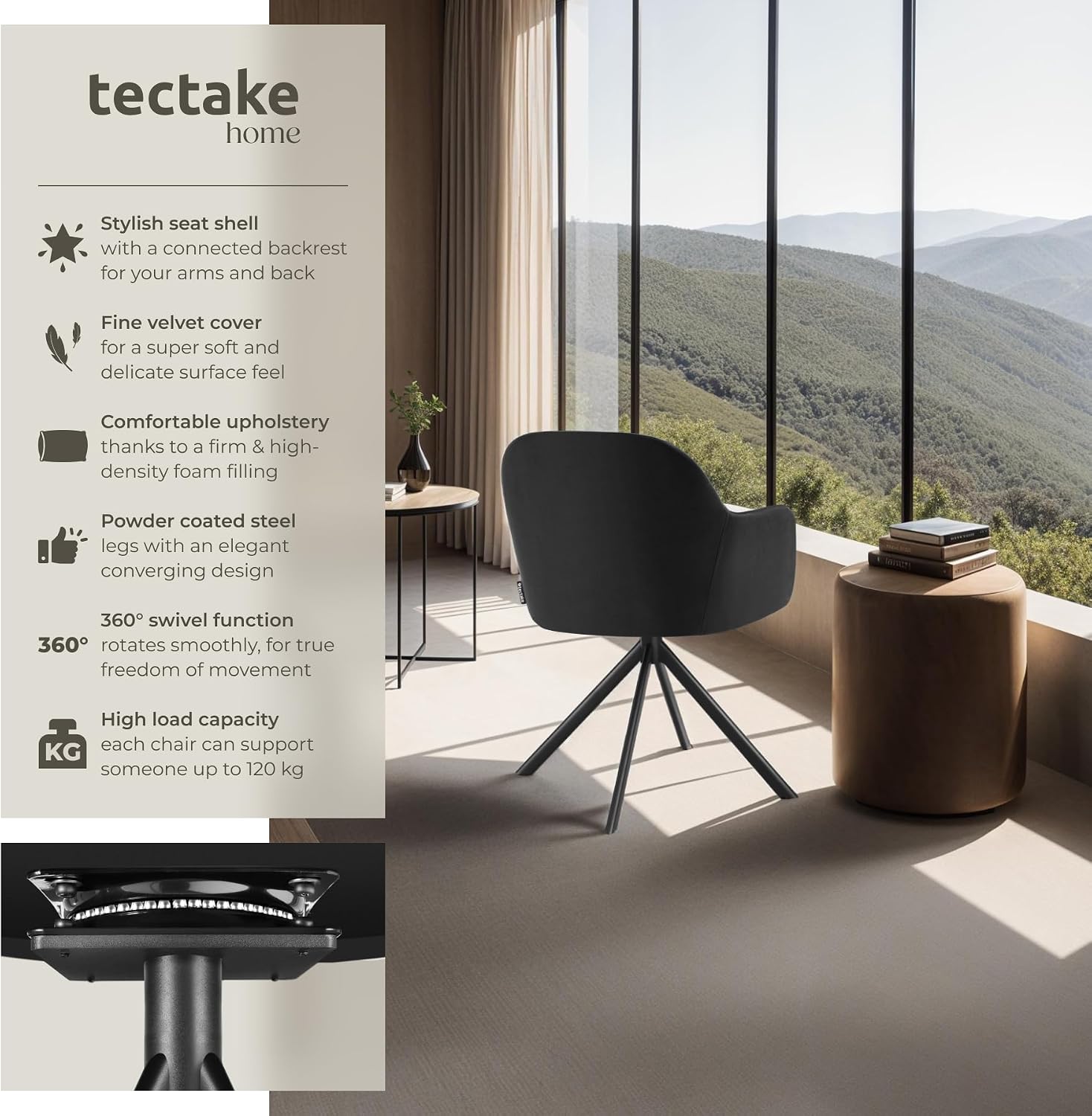 Detalle de tectake 405685 – 6 sammetsstolar med 360° snurrfunktion och stålben