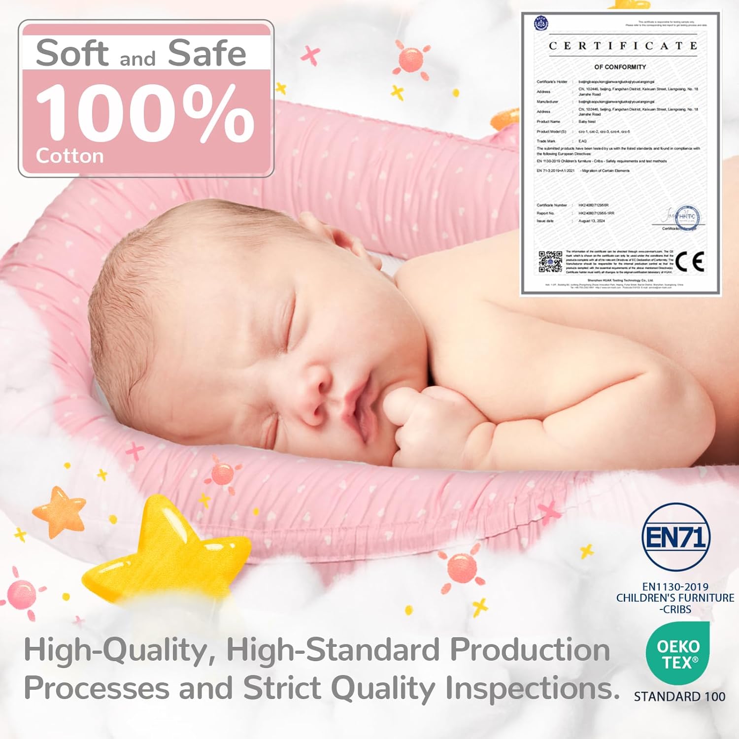 Thumbnail 3 de EAQ Baby Nest Pod Girl – Soft breathable 100% cotton sleep pod for napping or travel (Pink)