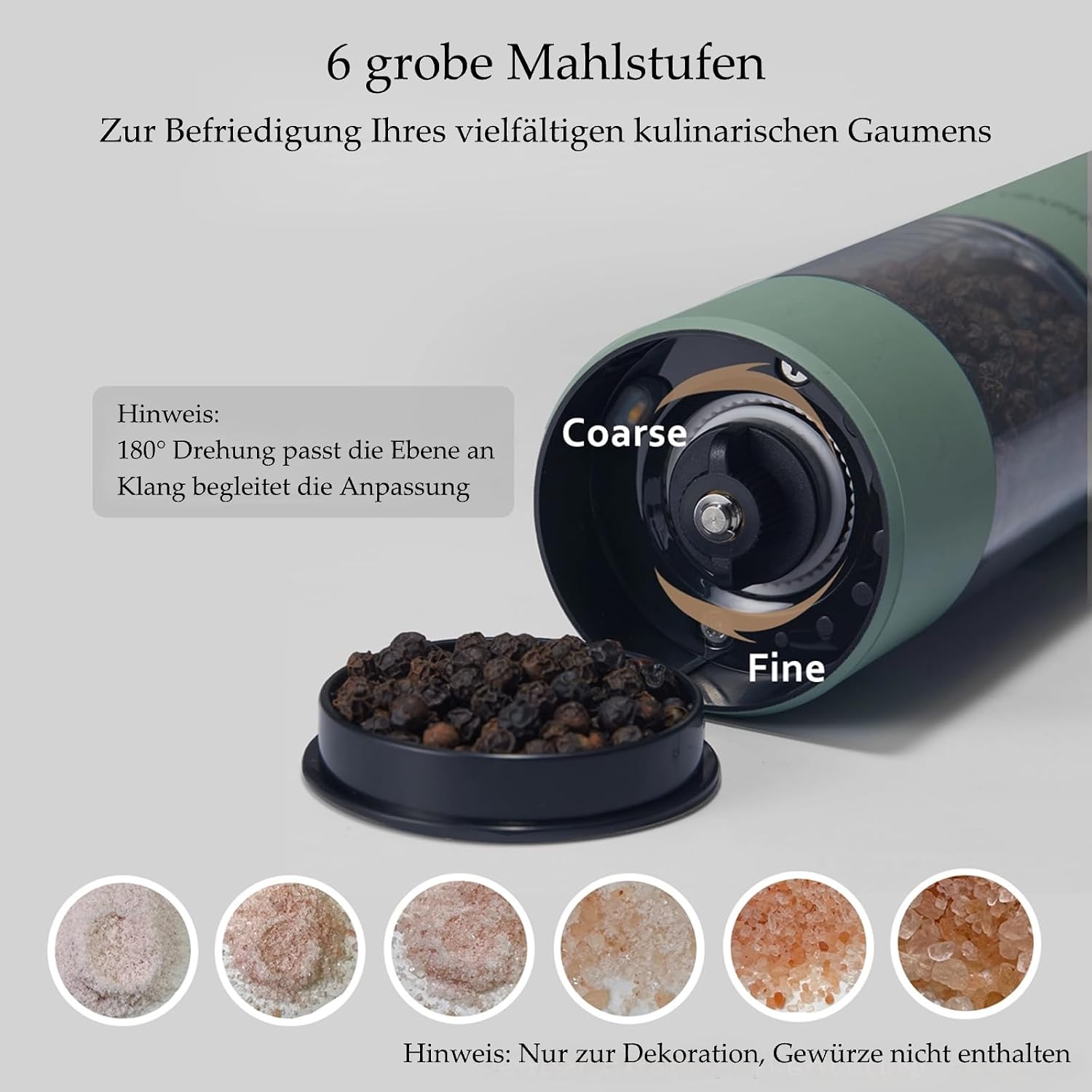 Detalle 2 de TLYSXPRO Elektrische Salz- und Pfeffermühle 2er-Set (USB wiederaufladbar, LED, einstellbare Grobheit) in Salbeigrün