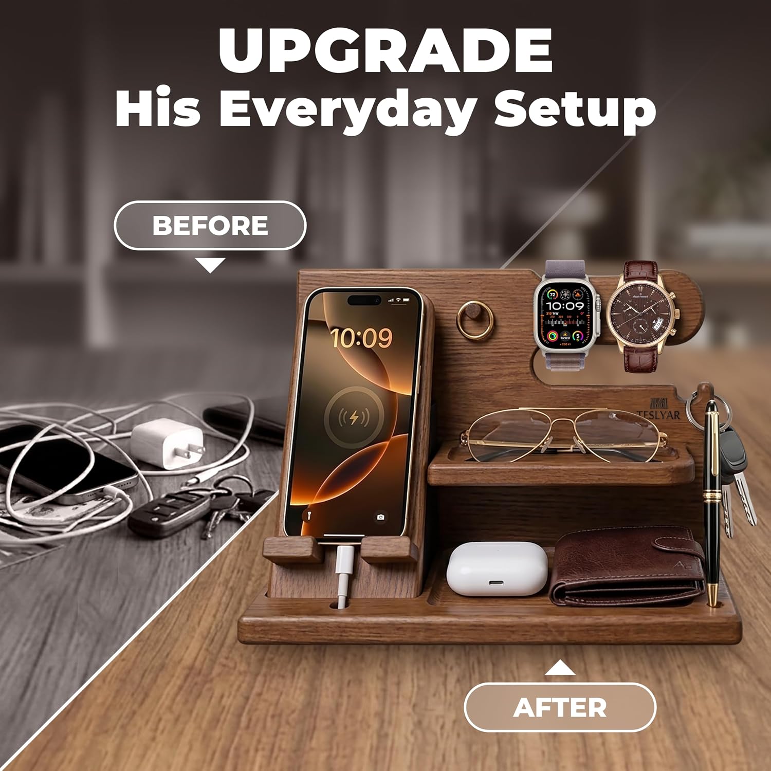 Thumbnail 2 de Teslyar Gifts for Men Solid Ash Wood Phone Docking Station with Key Holder, Wallet & Watch Stand (Light Brown)
