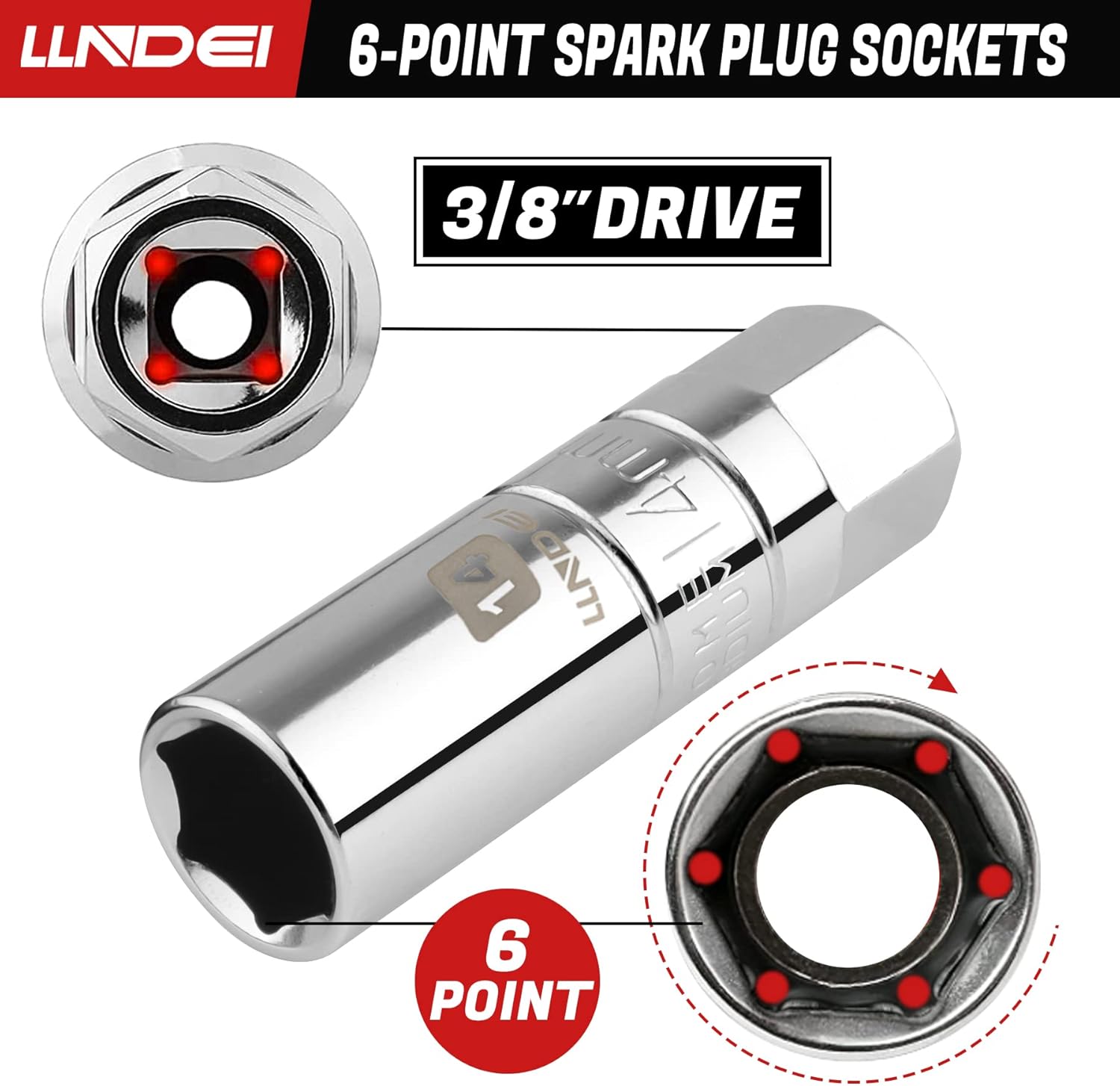 Detalle 2 de LLNDEI 3/8-Inch Drive Spark Plug Sockets Set (7-Piece) – SAE & Metric with Extension Bar and Universal Joint